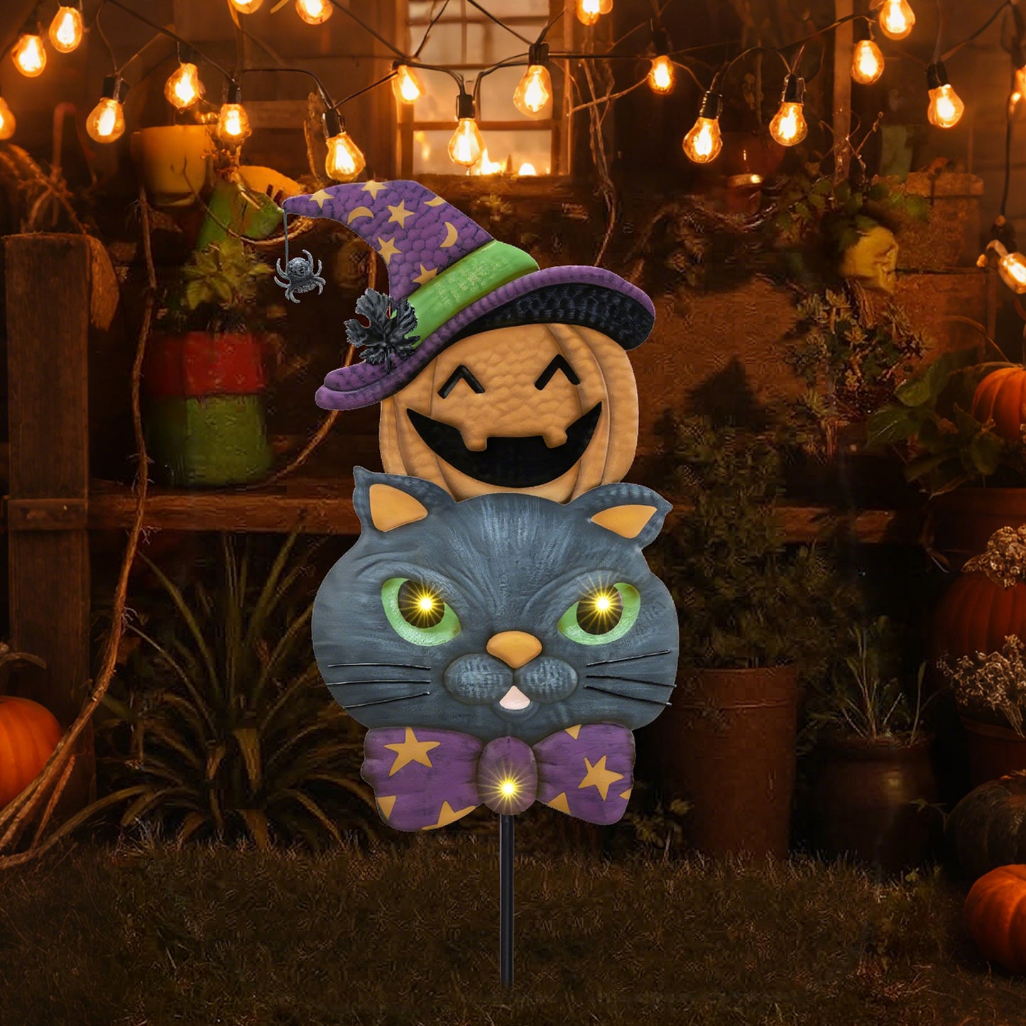 TERESA'S COLLECTIONS Pre-Lit Halloween Decorations Outdoor, Solar Garden Stake with 2 Stacks Cute Black Cat Pumpkin, Jack O Lantern Metal Yard Art Lawn Gift for Valentines Party Porch Patio Decor, 23"