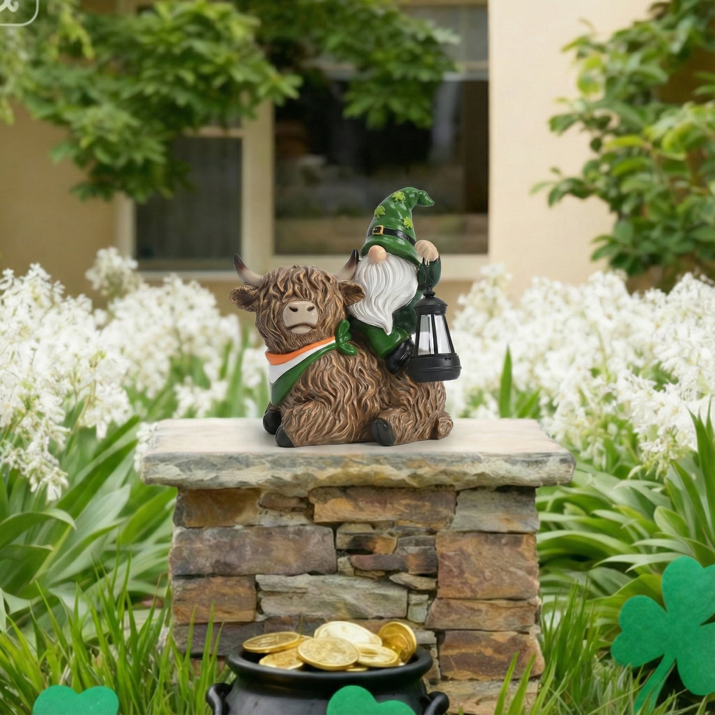 TERESA'S COLLECTIONS St Patricks Decorations for Outdoor Decor,Gnomes Resin Riding Highland Cow and Holding Lantern with Solar Lights for Outside,Shamrock Leprechaun Figurine, Irish Gifts