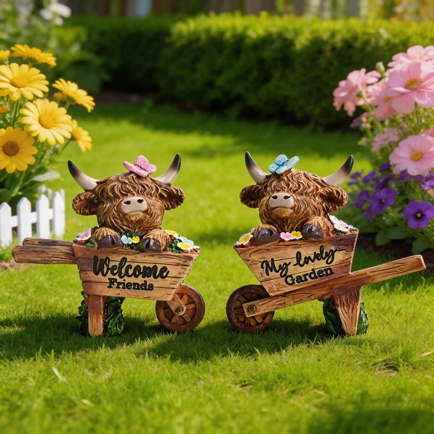 TERESA'S COLLECTIONS Garden Decor, Set of 2 Cute Highland Cows Sitting in Cart Garden Decor, Waterproof Resin Garden Statue, Highland Cows Gift, Garden Gift for Women Mom, Indoor/Outdoor