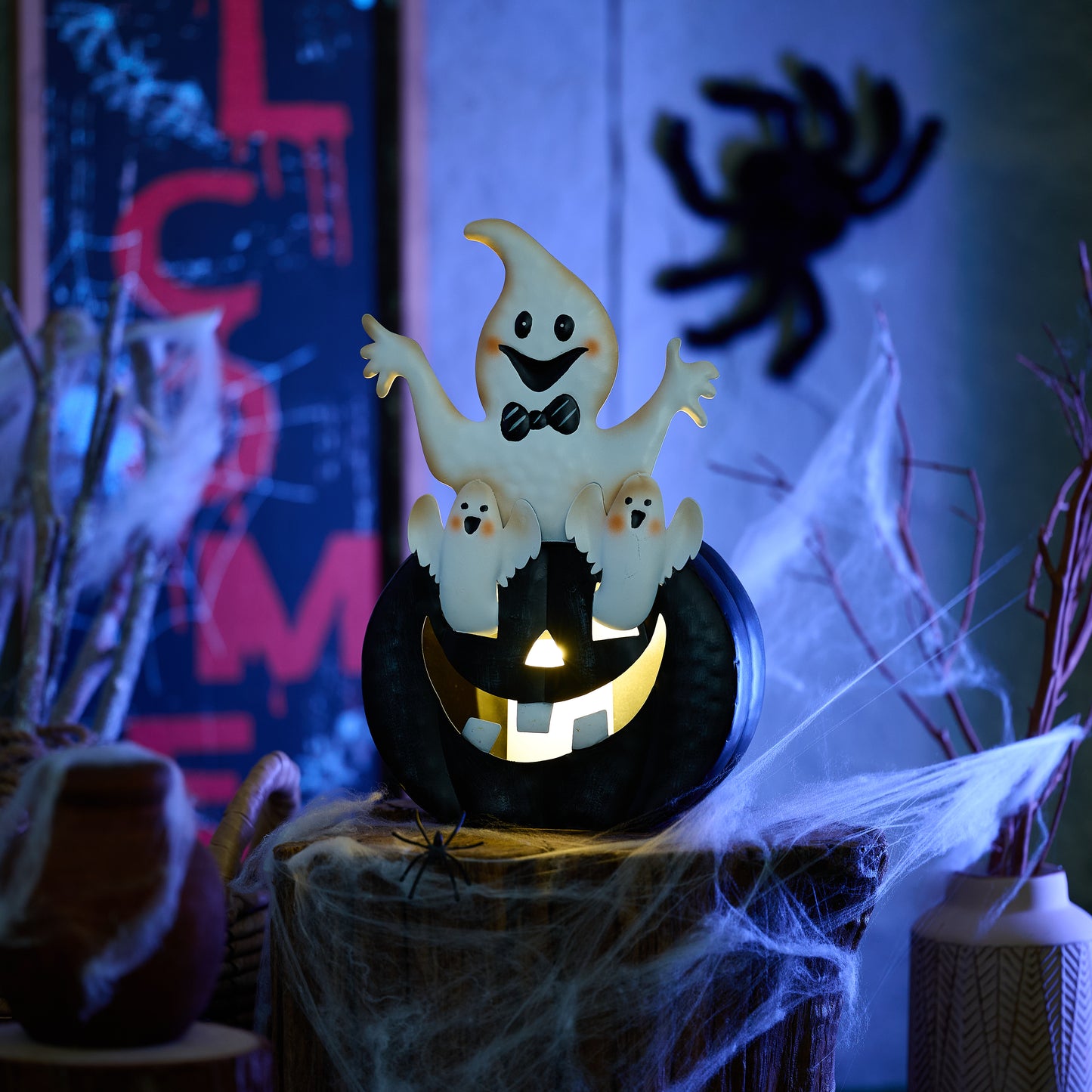 TERESA'S COLLECTIONS Mardi Gras LED Jack-O-Lantern Pumpkin Lantern Battery Operated, Cute Spooky Black Metal Lantern with Candle,Trick Or Treat Table Top for Home Yard Party,Funny Gifts for Mom,12"
