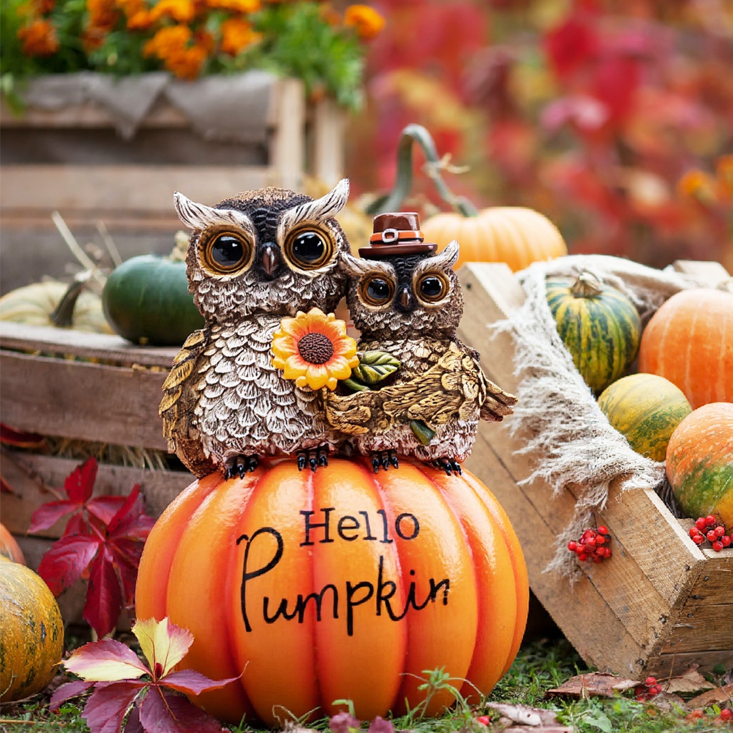 TERESA'S COLLECTIONS Fall Decor, Autumn Owl Decor, Owl Perch on Pumpkin with Solar Light, Outdoor Fall Decor Waterproof Resin, Fall Gifts Outdoor/Indoorr, 7.1"