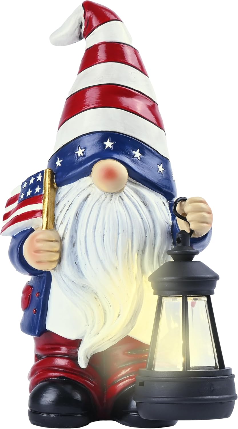 TERESA'S COLLECTIONS 4th of July Patriotic Gnome Decorations for Garden, Resin Outdoor Statues Holding Lantern with Solar Lights for Outside, Ornaments Gift for Independence Day Memorial Day, 8"