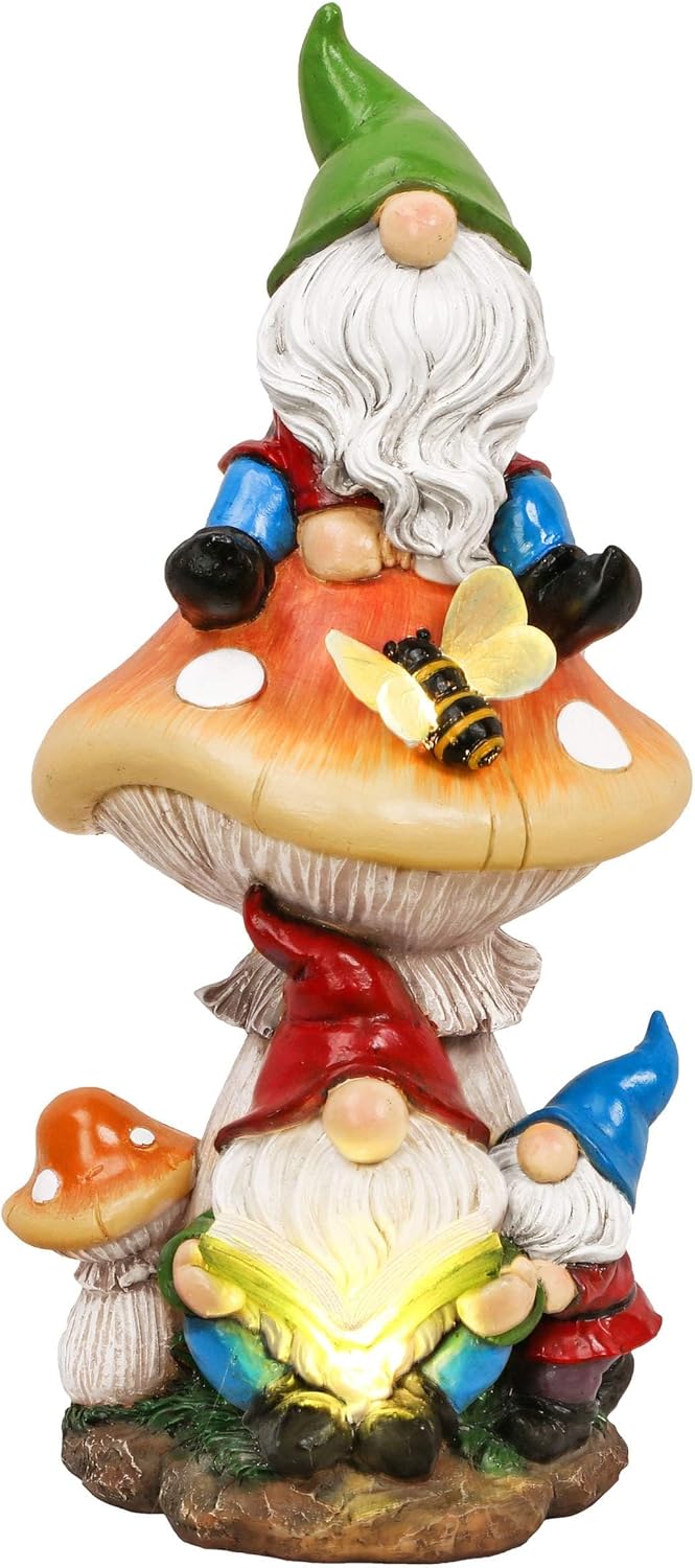 TERESA'S COLLECTIONS Garden Gnomes Statues Decorations for Yard with Solar Lights, Resin Santa Sculptures& Statues on Mushroom Reading Garden Outdoor for Patio Lawn Ornaments,Ideal Gifts 12.6"