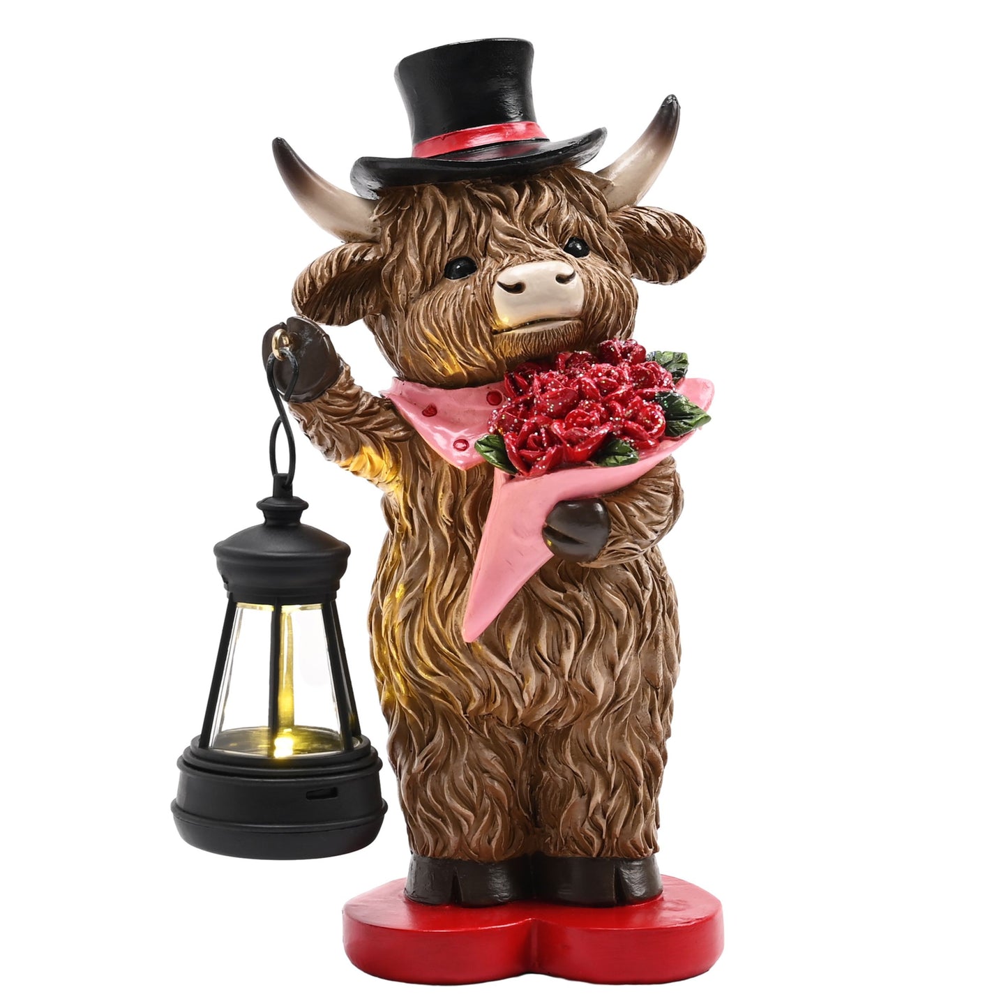 TERESA'S COLLECTIONS Valentines Highland Cow, Garden Decor with Solar Lantern, Cute Highland Cow Decorations, Holding Lantern and Roses, Waterproof Resin Outdoor Statues, Valentines Gifts 8"