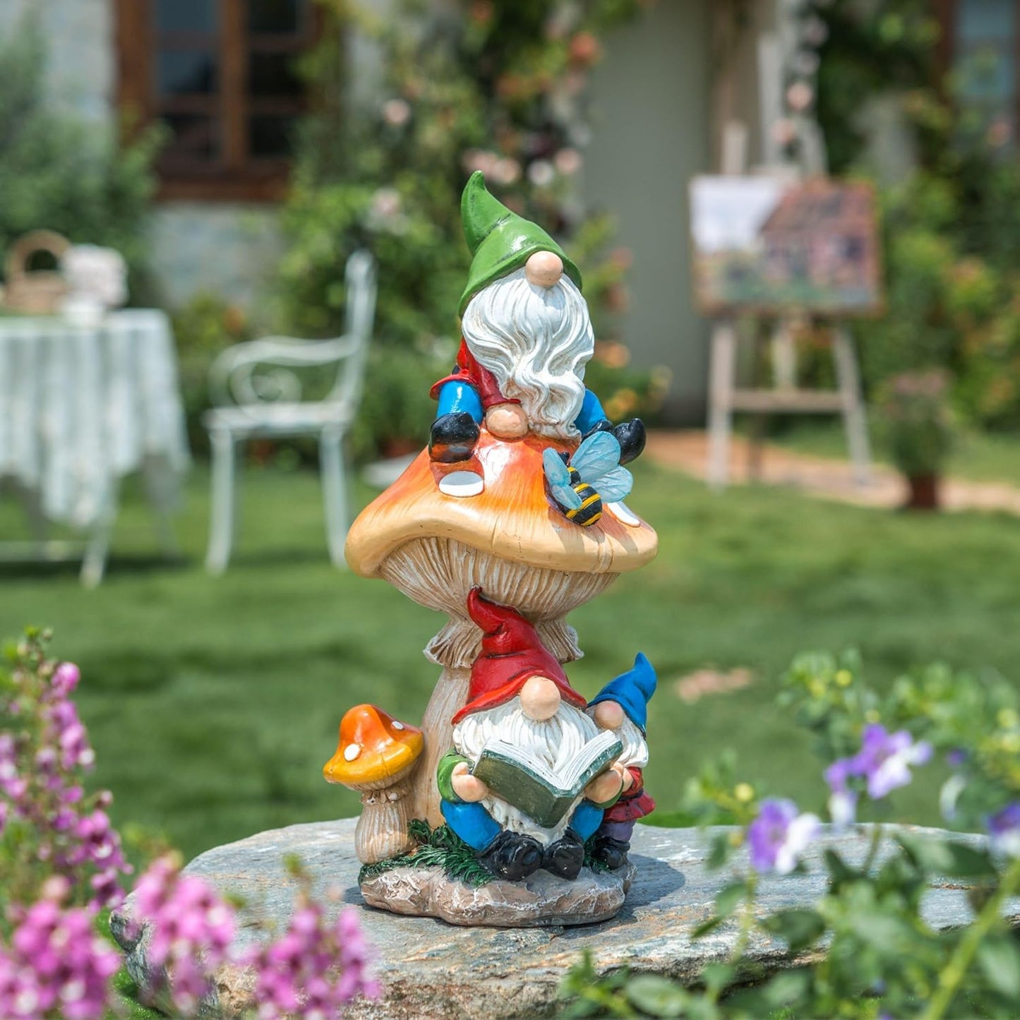 TERESA'S COLLECTIONS Garden Gnomes Statues Decorations for Yard with Solar Lights, Resin Santa Sculptures& Statues on Mushroom Reading Garden Outdoor for Patio Lawn Ornaments,Ideal Gifts 12.6"