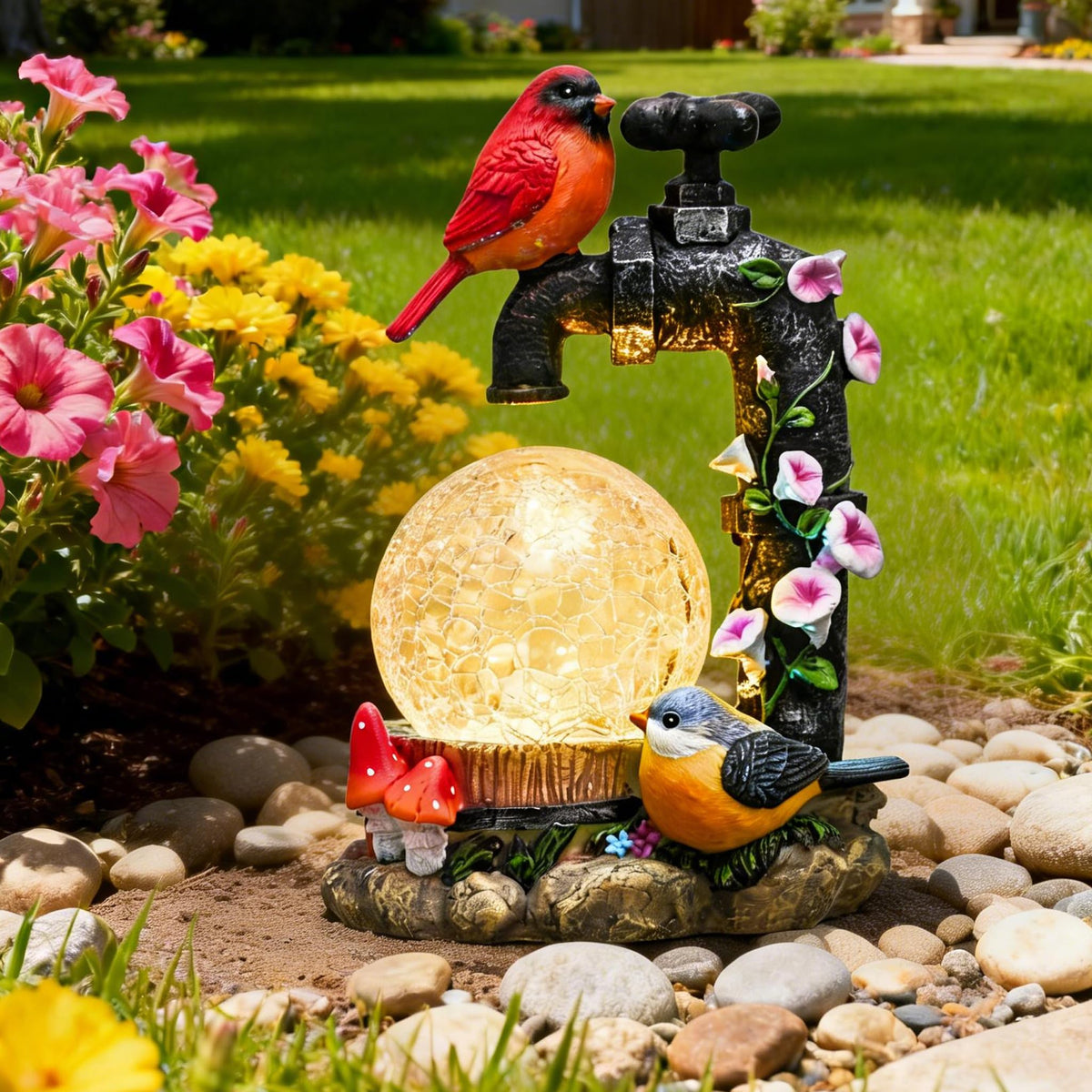 TERESA'S COLLECTIONS Cardinal Garden Decor and Solar Light Glass Ball 6" LED Light, Cute Cardinal and Faucet , Waterproof Resin Garden Statues, Birds Decor Gifts, Birthday Gifts for Women Mom