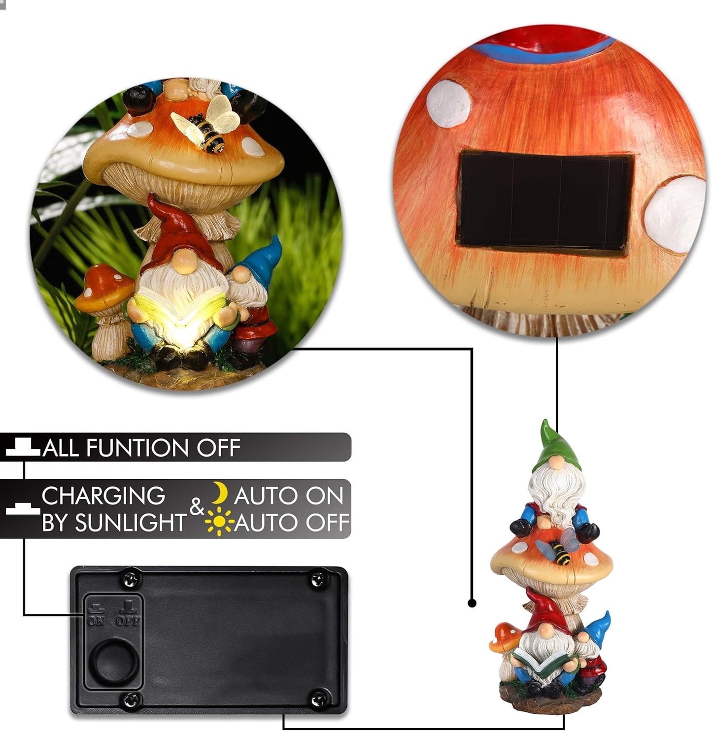 TERESA'S COLLECTIONS Garden Gnomes Statues Decorations for Yard with Solar Lights, Resin Santa Sculptures& Statues on Mushroom Reading Garden Outdoor for Patio Lawn Ornaments,Ideal Gifts 12.6"