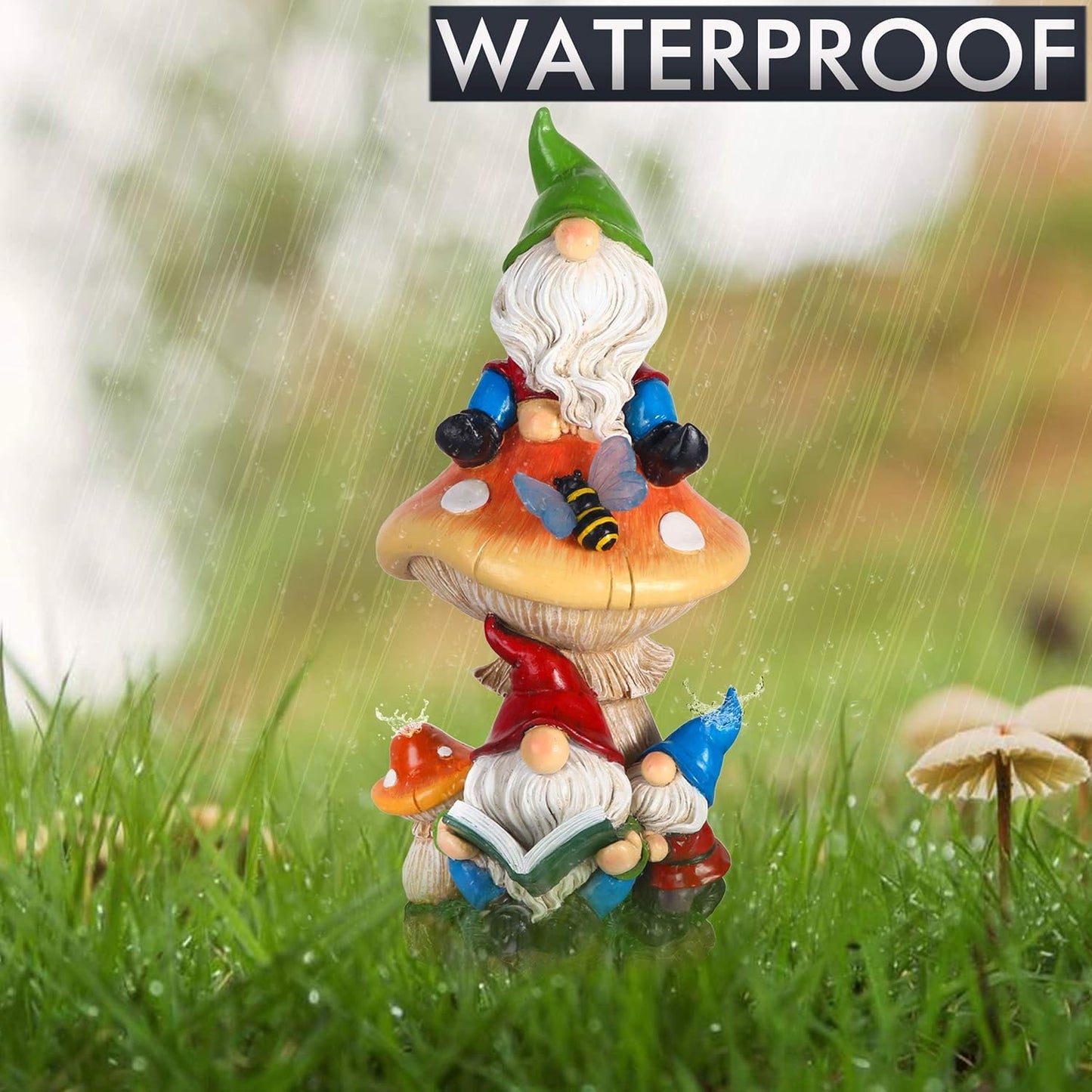 TERESA'S COLLECTIONS Garden Gnomes Statues Decorations for Yard with Solar Lights, Resin Santa Sculptures& Statues on Mushroom Reading Garden Outdoor for Patio Lawn Ornaments,Ideal Gifts 12.6"
