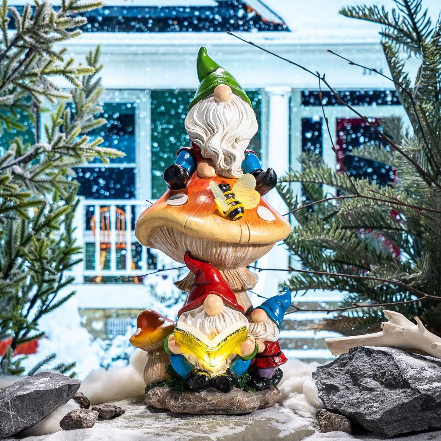 TERESA'S COLLECTIONS Garden Gnomes Statues Decorations for Yard with Solar Lights, Resin Santa Sculptures& Statues on Mushroom Reading Garden Outdoor for Patio Lawn Ornaments,Ideal Gifts 12.6"