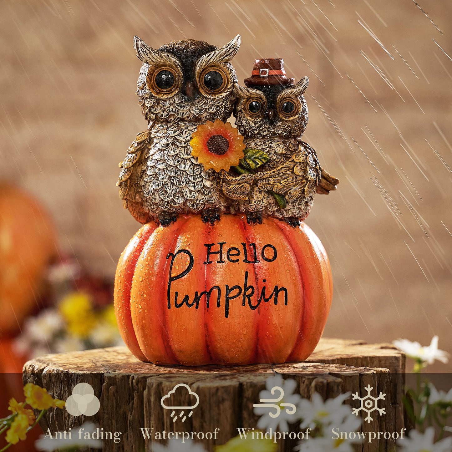 TERESA'S COLLECTIONS Fall Decor, Autumn Owl Decor, Owl Perch on Pumpkin with Solar Light, Outdoor Fall Decor Waterproof Resin, Fall Gifts Outdoor/Indoorr, 7.1"