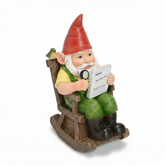 TERESA'S COLLECTIONS Garden Outdoor Decor,Gnomes sitting in a rocking chair reading a newspaper，Gnomes Garden Decor, Waterproof Resin Garden Statue, Garden Gift, Indoor/Outdoor,5.9"