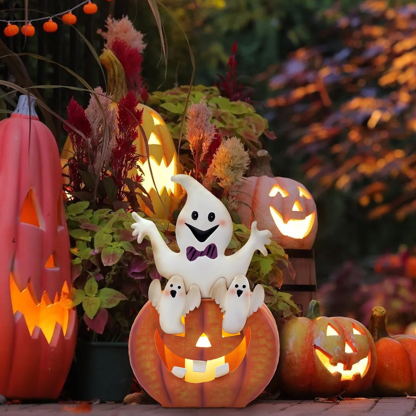 TERESA'S COLLECTIONS Halloween Decorations LED Jack-O-Lantern Pumpkin Lantern Battery Operated,Cute Spooky Orange Metal Lantern with Candle for Home,Yard,Table Top,Trick Or Treat,Gifts for Party,12"