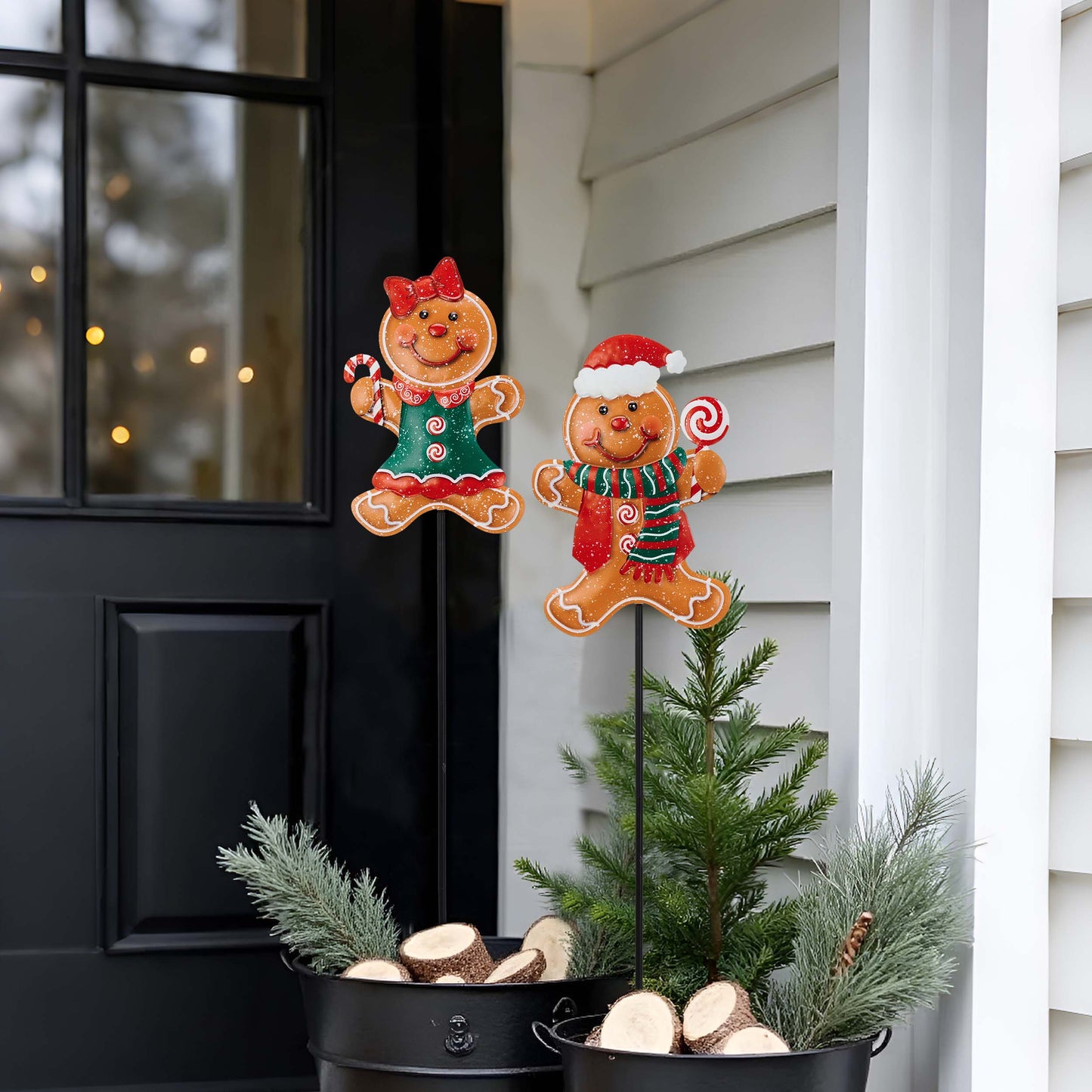 TERESA'S COLLECTIONS Metal Christmas Yard Stakes, Gingerbread Boy & Girl Outdoor Christmas Decorations for Home, 2 Pack Welcome Garden Stakes Sign with Candy, Waterproof Yard Xmas Party Gifts 30"