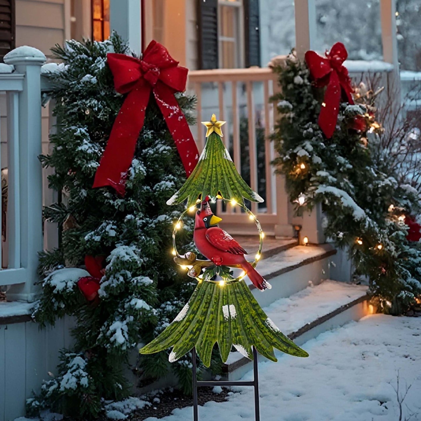 TERESA'S COLLECTIONS Metal Christmas Tree Decorations Cardinal Garden Stake with Solar Light, Outdoor Christmas Decor for Home, Waterproof Xmas Decoraions for Yard, Holiday Party Gifts, 21"