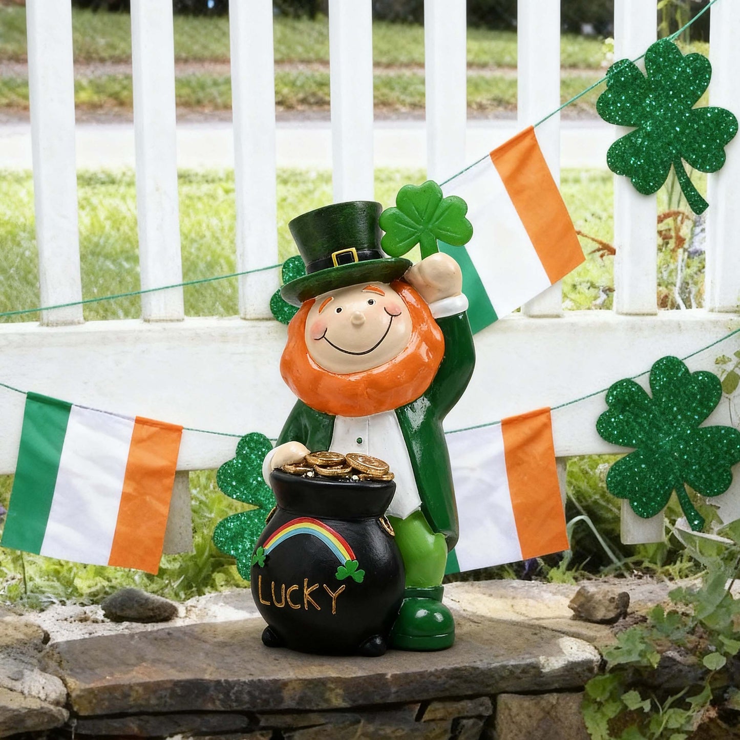 TERESA'S COLLECTIONS St Patricks Decorations for Outdoor Decor, Irish Luckly Tiered Tray Decor with Clover, St Patricks Day Shamrock Leprechaun Figurine with Solar Lights, Irish Gifts for Home,7.9"