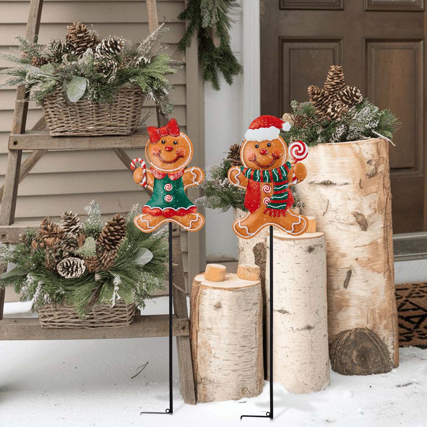TERESA'S COLLECTIONS Metal Christmas Yard Stakes, Gingerbread Boy & Girl Outdoor Christmas Decorations for Home, 2 Pack Welcome Garden Stakes Sign with Candy, Waterproof Yard Xmas Party Gifts 30"