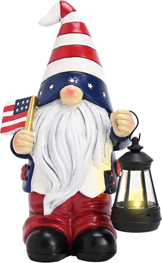 TERESA'S COLLECTIONS 4th of July Patriotic Gnome Decorations for Garden, Resin Outdoor Statues Holding Lantern with Solar Lights for Outside, Memorial Ornaments Gift for Independence Day, 8"
