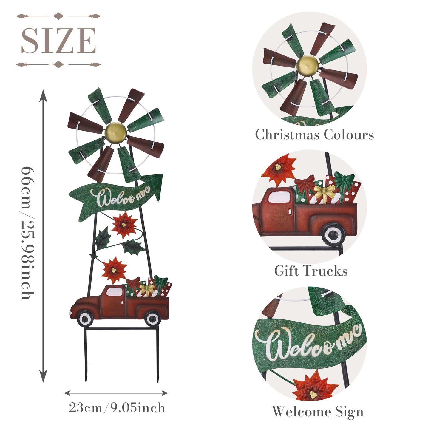 TERESA'S COLLECTIONS Metal Christmas Yard Stakes for Outdoor Christmas Decorations Wind Spinner Garden Stakes Welcome Sign for Xmas Decor, Rustic Poinsettia Windmill for Lawn Patio Holiday Party, 26"