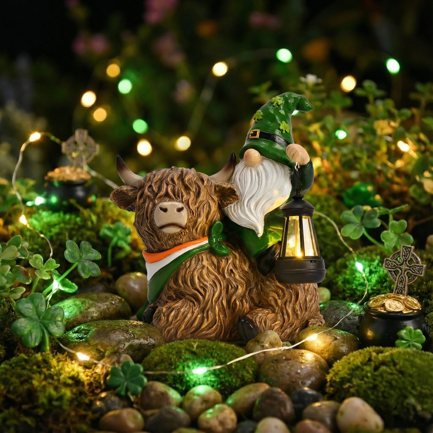 TERESA'S COLLECTIONS St Patricks Decorations for Outdoor Decor,Gnomes Resin Riding Highland Cow and Holding Lantern with Solar Lights for Outside,Shamrock Leprechaun Figurine, Irish Gifts