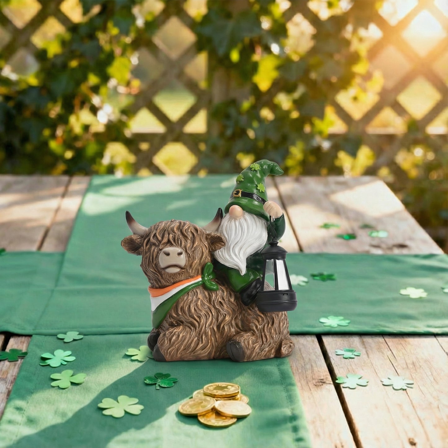 TERESA'S COLLECTIONS St Patricks Decorations for Outdoor Decor,Gnomes Resin Riding Highland Cow and Holding Lantern with Solar Lights for Outside,Shamrock Leprechaun Figurine, Irish Gifts