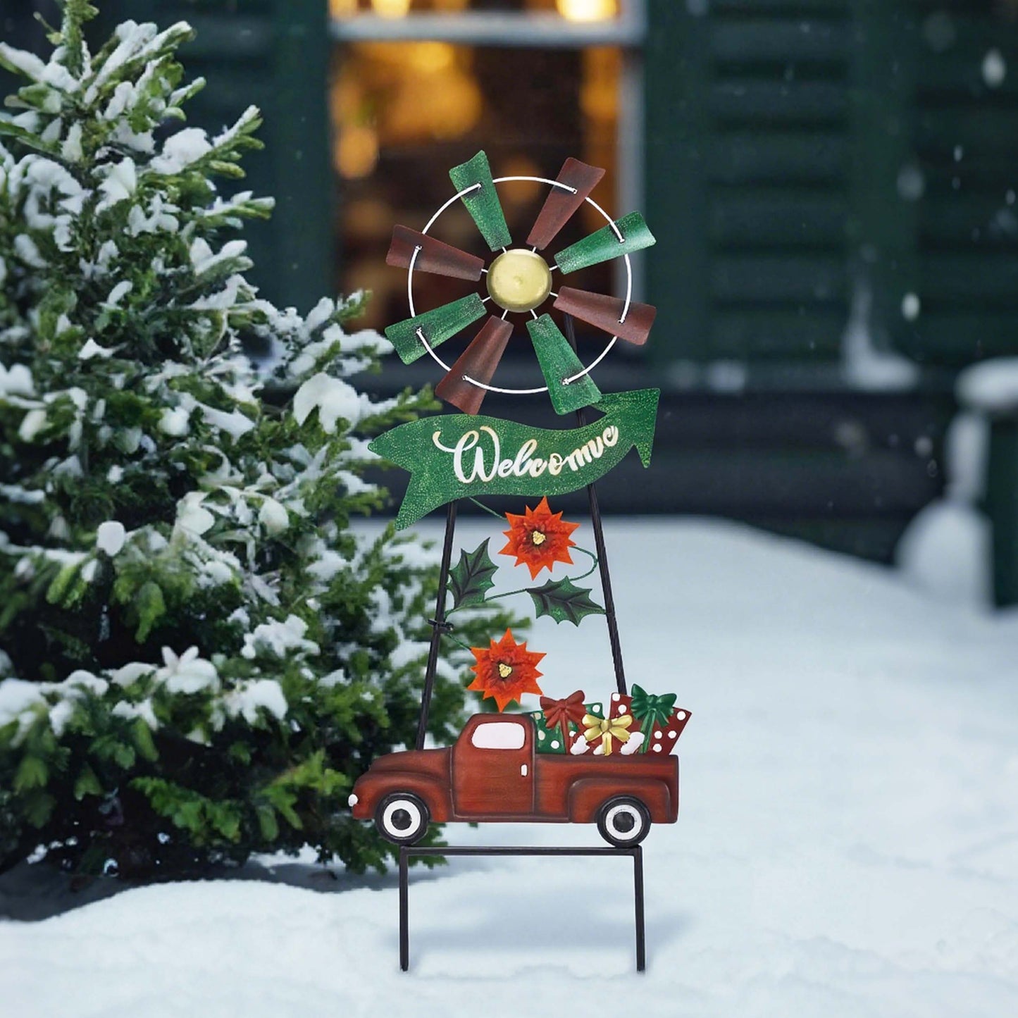 TERESA'S COLLECTIONS Metal Christmas Yard Stakes for Outdoor Christmas Decorations Wind Spinner Garden Stakes Welcome Sign for Xmas Decor, Rustic Poinsettia Windmill for Lawn Patio Holiday Party, 26"