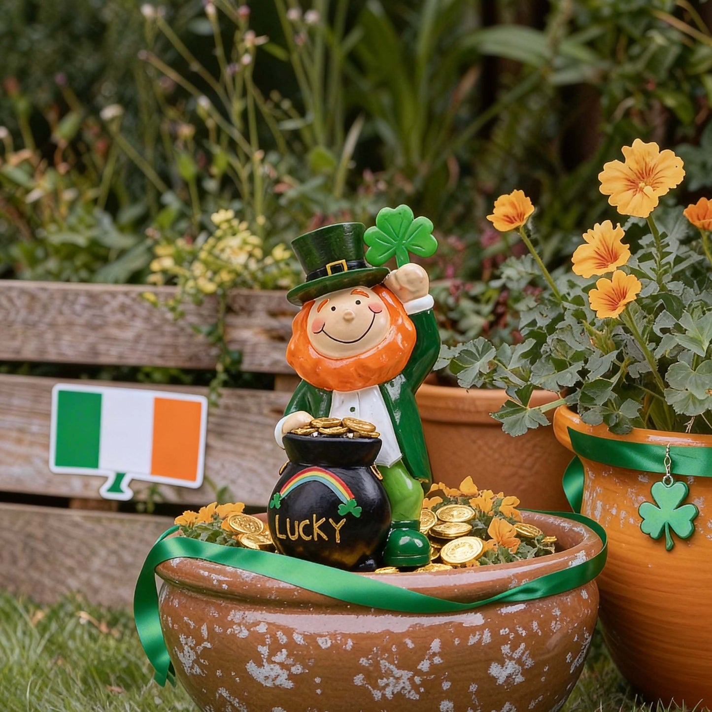 TERESA'S COLLECTIONS St Patricks Decorations for Outdoor Decor, Irish Luckly Tiered Tray Decor with Clover, St Patricks Day Shamrock Leprechaun Figurine with Solar Lights, Irish Gifts for Home,7.9"