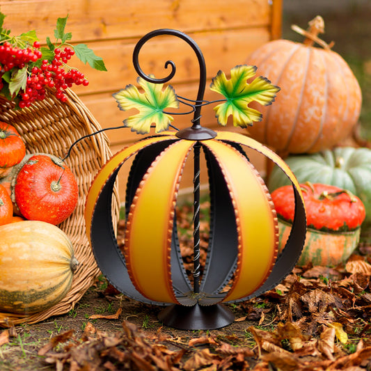 TERESA'S COLLECTIONS Outdoor Fall Pumpkin Decor,Battery Operated Large Lighted Metal Orange Pumpkin for Party,Autumn Harvest Halloween Pumpkin for Garden Decor,Porch Patio,Home,Thanksgiving Gift,15.4"