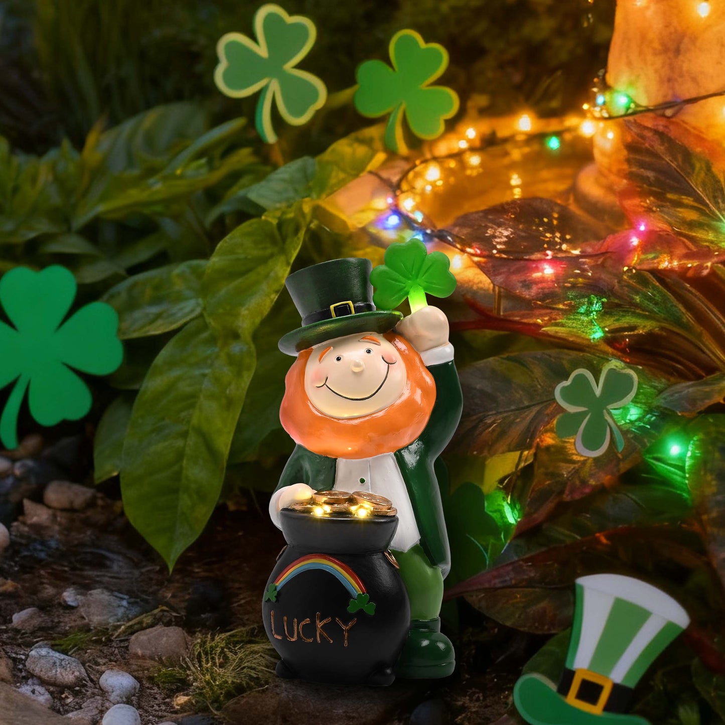 TERESA'S COLLECTIONS St Patricks Decorations for Outdoor Decor, Irish Luckly Tiered Tray Decor with Clover, St Patricks Day Shamrock Leprechaun Figurine with Solar Lights, Irish Gifts for Home,7.9"