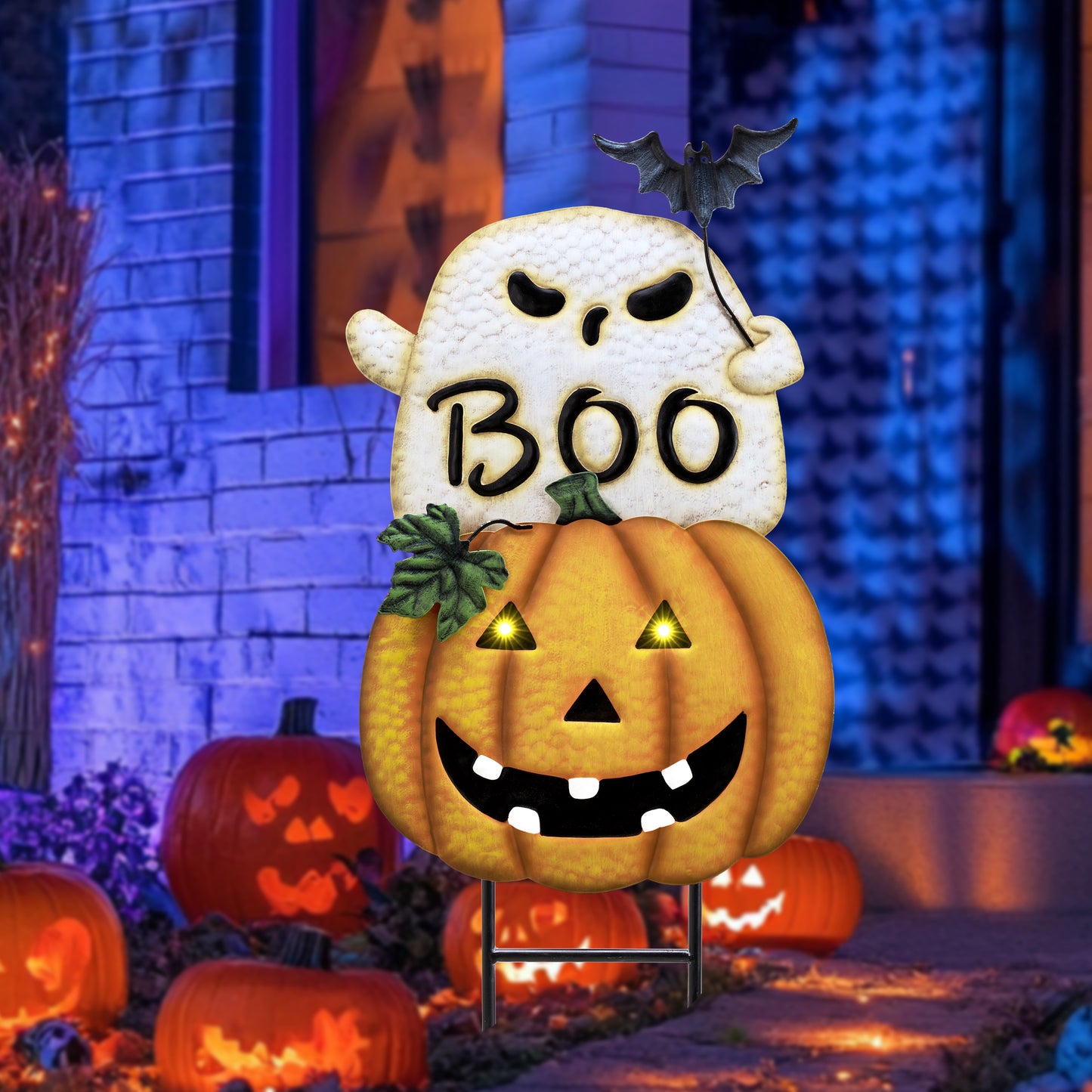 TERESA'S COLLECTIONS Halloween Decorations for Outdoor, Cute Spooky Decorative Garden Stakes with Solar Light, Jack O Lantern Metal Yard Sign for Home Patio Halloween Party, 23"