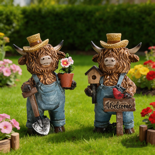 TERESA'S COLLECTIONS Highland Cow Garden Decor,High Mountain Yak Yard Decorations Outdoor,Dungarees Cardinal Welcome Resin Outdoor Statues for Patio Porch Lawn,Gifts for Mom Dad 2Pcs 6"