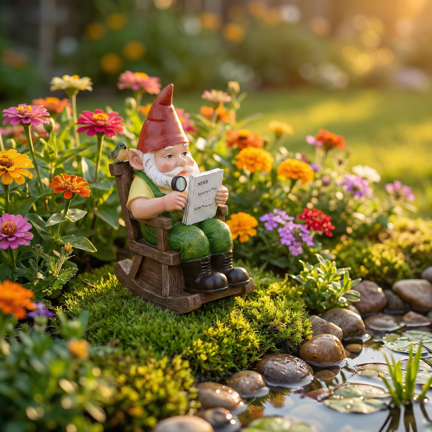TERESA'S COLLECTIONS Garden Outdoor Decor,Gnomes sitting in a rocking chair reading a newspaper，Gnomes Garden Decor, Waterproof Resin Garden Statue, Garden Gift, Indoor/Outdoor,5.9"