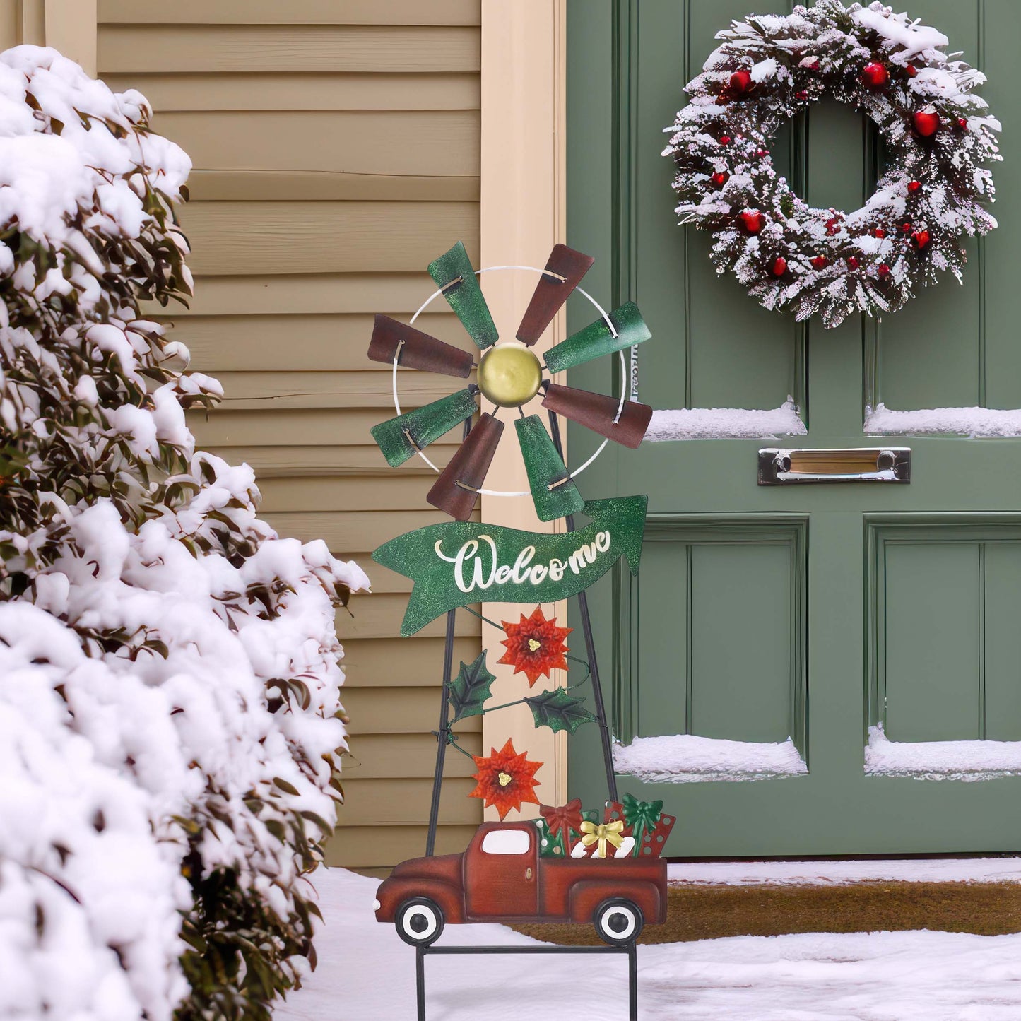 TERESA'S COLLECTIONS Metal Christmas Yard Stakes for Outdoor Christmas Decorations Wind Spinner Garden Stakes Welcome Sign for Xmas Decor, Rustic Poinsettia Windmill for Lawn Patio Holiday Party, 26"
