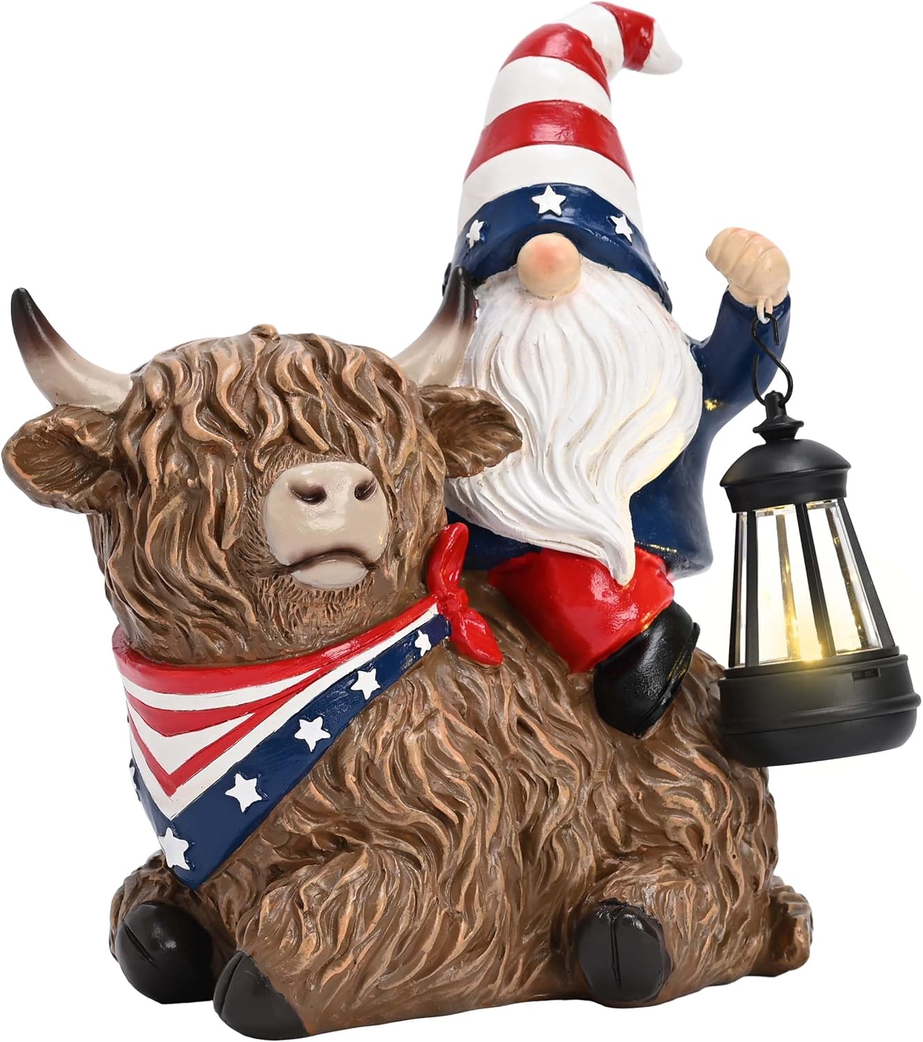 TERESA'S COLLECTIONS 4th of July Patriotic Gnome Decorations for Garden,Gnomes Resin Riding Highland Cow Hold Lantern with Solar Lights,Memorial Ornaments Gift for Independence Day
