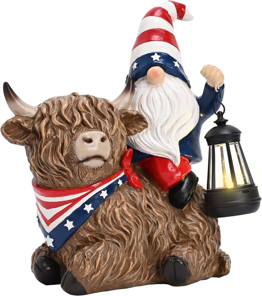 TERESA'S COLLECTIONS 4th of July Patriotic Gnome Decorations for Garden,Gnomes Resin Riding Highland Cow Hold Lantern with Solar Lights,Memorial Ornaments Gift for Independence Day