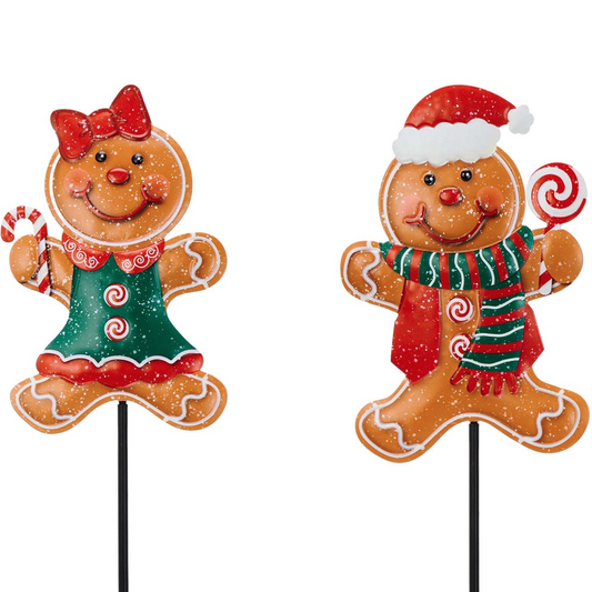 TERESA'S COLLECTIONS Metal Christmas Yard Stakes, Gingerbread Boy & Girl Outdoor Christmas Decorations for Home, 2 Pack Welcome Garden Stakes Sign with Candy, Waterproof Yard Xmas Party Gifts 30"