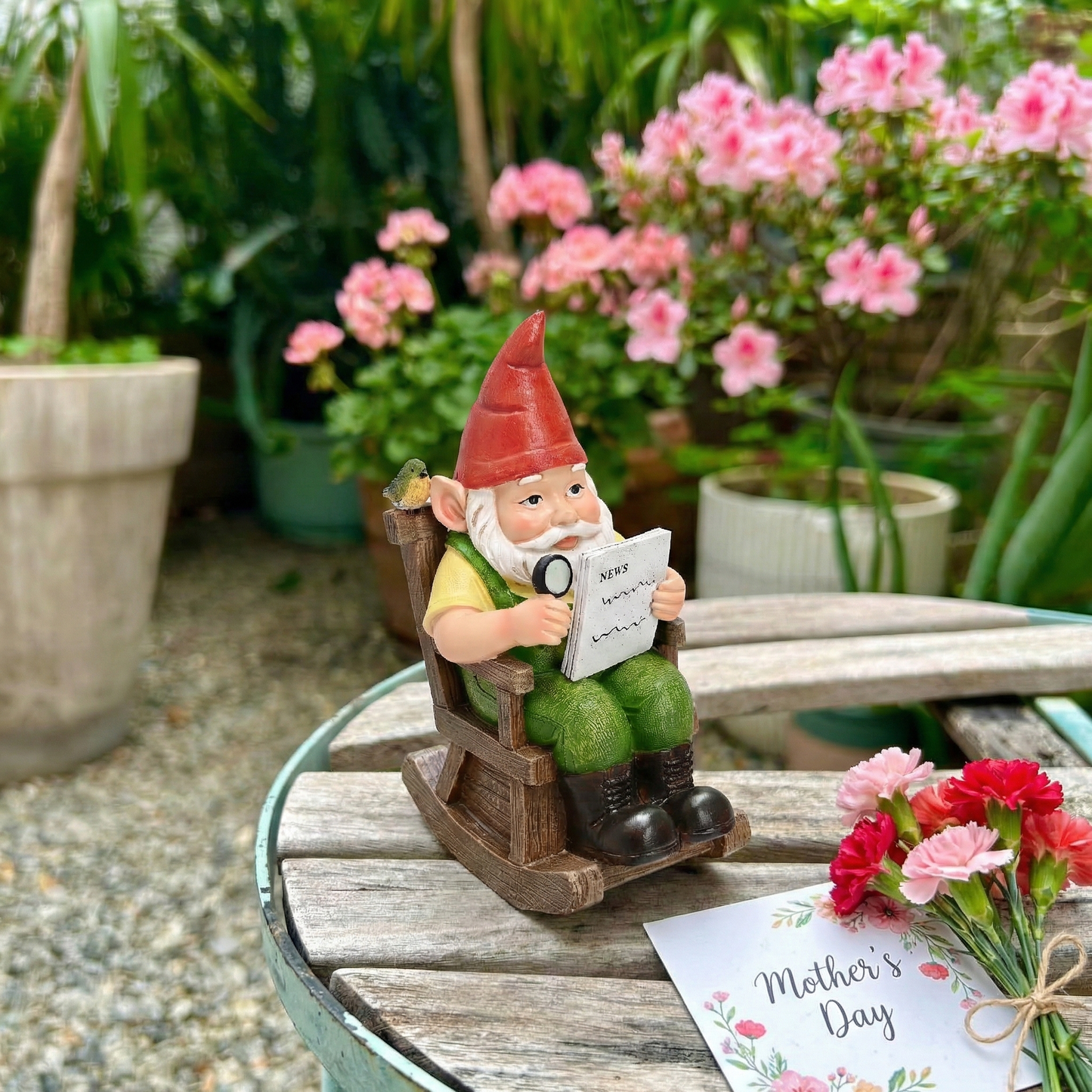 TERESA'S COLLECTIONS Garden Outdoor Decor,Gnomes sitting in a rocking chair reading a newspaper，Gnomes Garden Decor, Waterproof Resin Garden Statue, Garden Gift, Indoor/Outdoor,5.9"