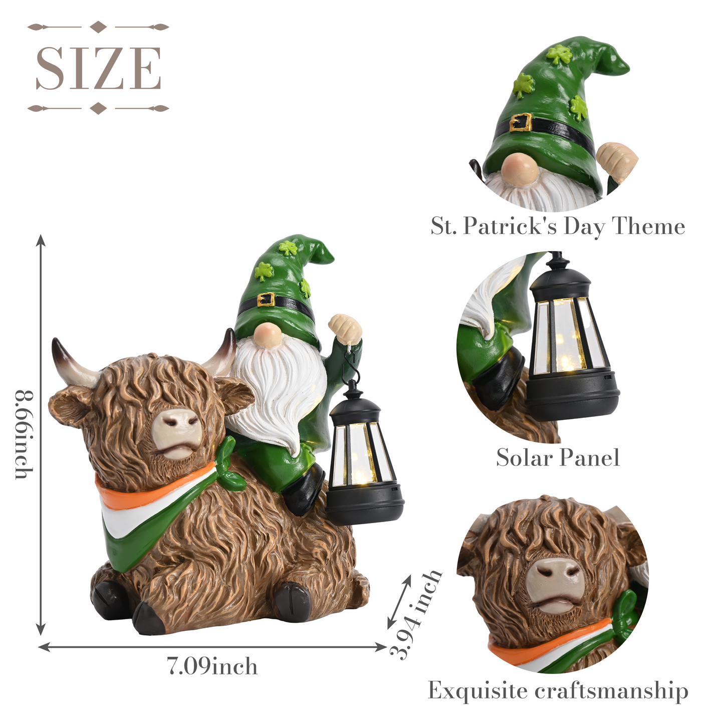 TERESA'S COLLECTIONS St Patricks Decorations for Outdoor Decor,Gnomes Resin Riding Highland Cow and Holding Lantern with Solar Lights for Outside,Shamrock Leprechaun Figurine, Irish Gifts