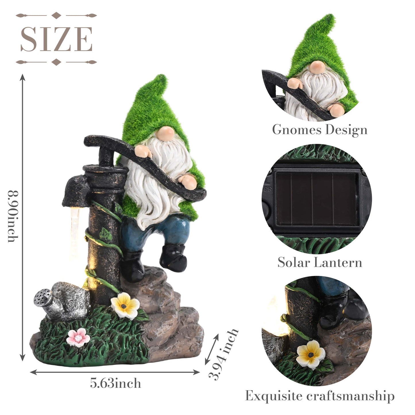 TERESA'S COLLECTIONS Garden Decor, Garden Gnomes Pumping Water,Gnomes Decor, Waterproof Resin with Solar Lights, Garden Decor, Garden Gifts for Mom,Indoor/Outdoor,9"