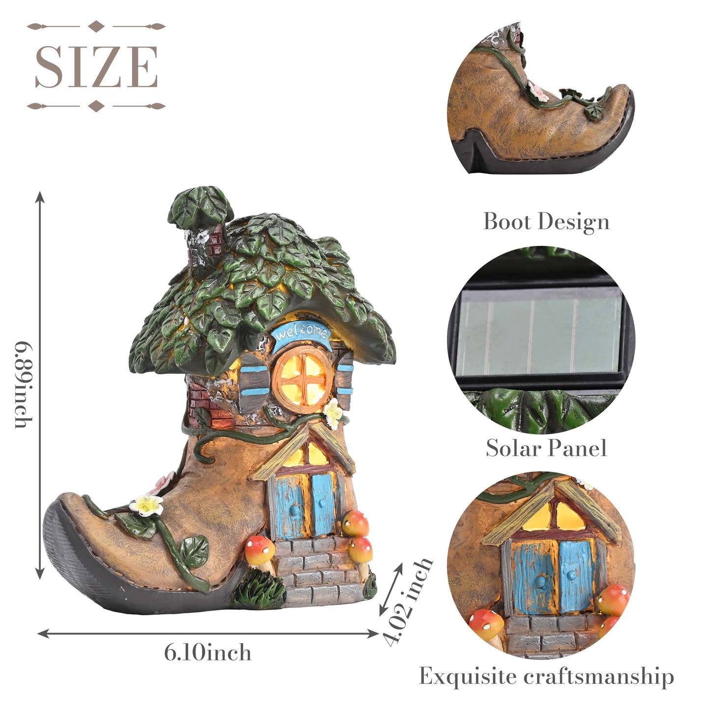 TERESA'S COLLECTIONS Garden Decor Outdoor, Boot Fairy House Garden Decor, Waterproof Resin with Solar Lights, Garden Gifts for Mom,Indoor/Outdoor,7"