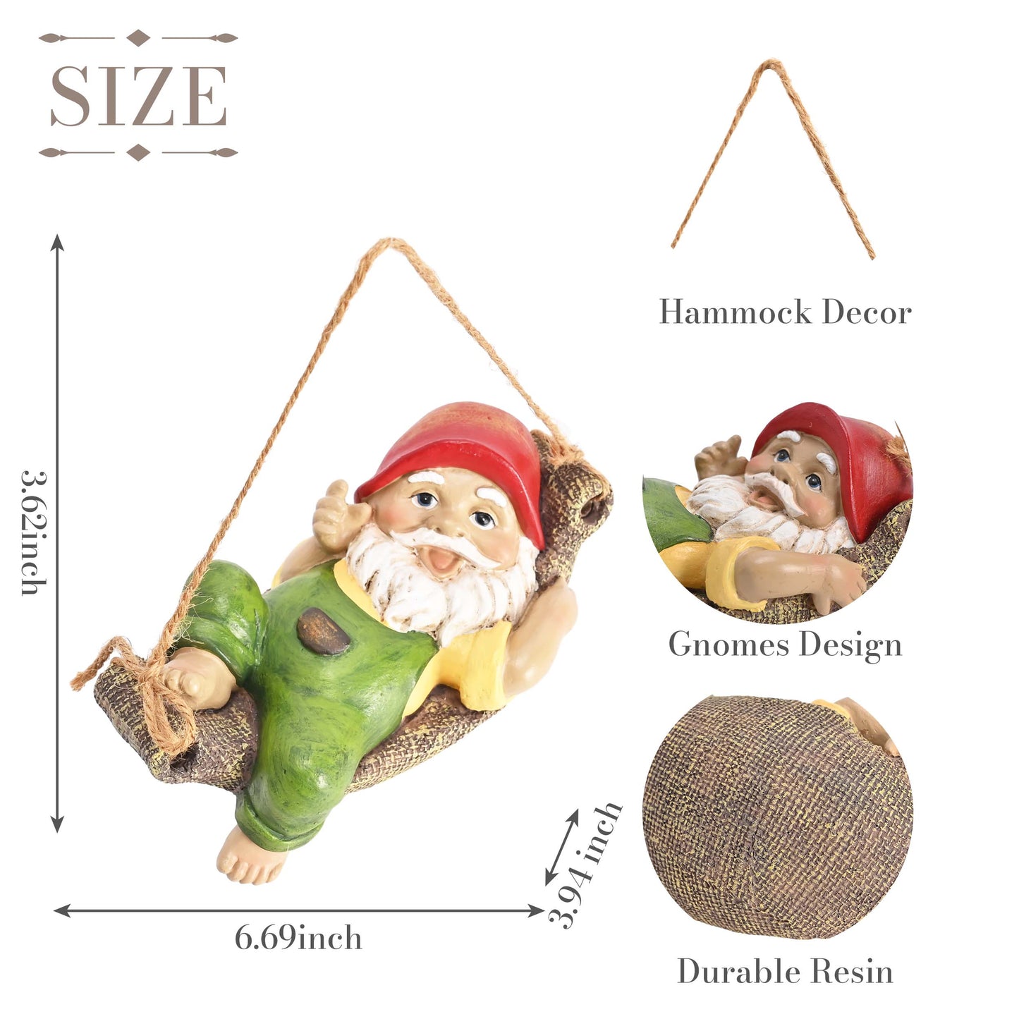 TERESA'S COLLECTIONS Garden Decor, Garden Gnomes Lying on Hammock, Gnomes Decor, Waterproof Resin Garden Decor, Garden Gifts for Mom,Indoor/Outdoor,3.6"