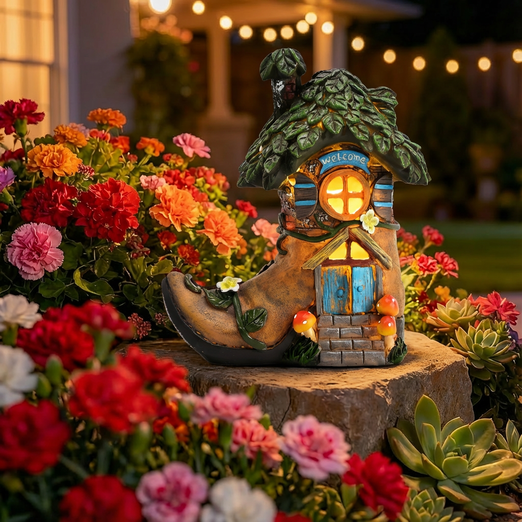 TERESA'S COLLECTIONS Garden Decor Outdoor, Boot Fairy House Garden Decor, Waterproof Resin with Solar Lights, Garden Gifts for Mom,Indoor/Outdoor,7"