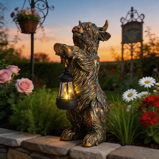 TERESA'S COLLECTIONS Highland Cow Garden Decor with Solar Lantern,High Mountain Yak Yard Decorations Outdoor,Holding Light Resin Outdoor Statues for Patio Porch Lawn,Gifts for Mom Dad 10"