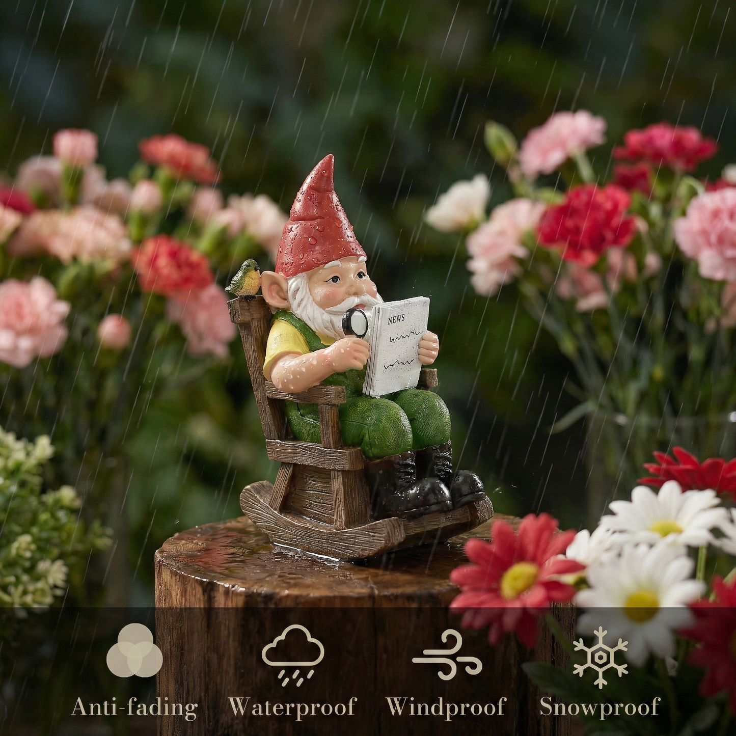 TERESA'S COLLECTIONS Garden Outdoor Decor,Gnomes sitting in a rocking chair reading a newspaper，Gnomes Garden Decor, Waterproof Resin Garden Statue, Garden Gift, Indoor/Outdoor,5.9"