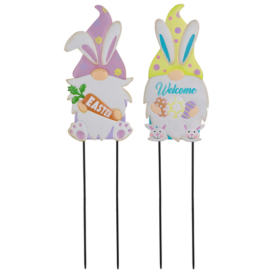 TERESA'S COLLECTIONS Easter Decorations Outdoor, 2 Metal Gnome Decorative Garden Stakes for Yard Decor, Rabbits Yard Sign for Front Door Porch Lawn, Happy Easter Eggs Gift for Spring Decor, 24''