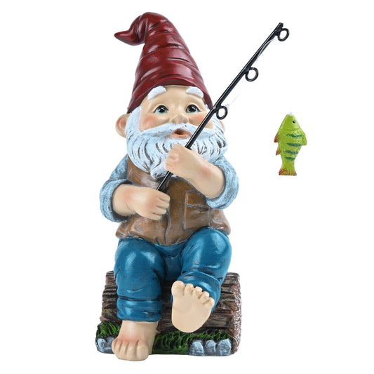 TERESA'S COLLECTIONS Resin Outdoor Statues for Garden Decor, Garden Gnome with Fishing Pole Funny Decorations for Outside, Yard Gnome Decor for Patio Lawn Ornaments, Ideal Gift for Women and Man, 6"