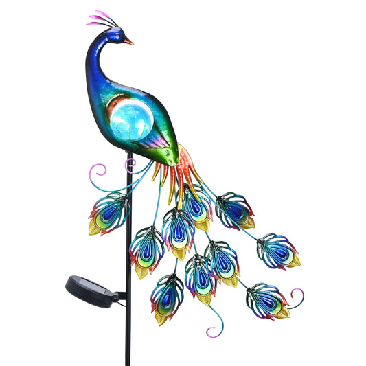 TERESA'S Collections Yard Decorations Outdoor for Garden Decor, Peacock Solar Outdoor Lights, 35'' Metal Lawn Ornaments for Outside with Crackle Glass Ball, Decorative Stake Gifts for Mom