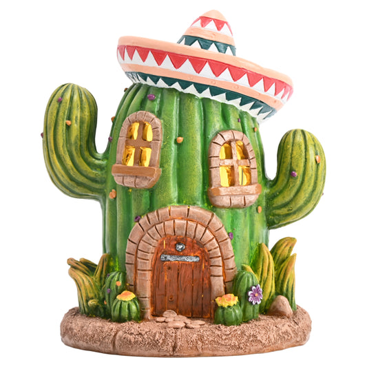 TERESA'S COLLECTIONS Garden Decor, Cactus Fairy House Cinco de Mayo Decor, Waterproof Resin Garden Statue, Cinco de Mayo Gift, Garden Gift, Indoor/Outdoor, 7.5"