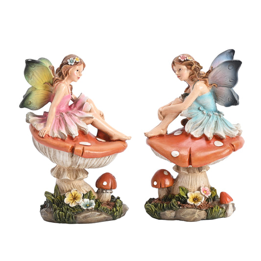 TERESA'S COLLECTIONS Garden Decor Outdoor, 2set of Fairy Sitting on Mushrooms Decor, Fairy Decor, Waterproof Resin Garden Decor, Fairy Garden Gift for Mom, Indoor/Outdoor,6.3"
