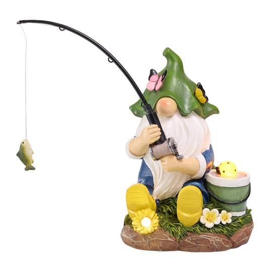 TERESA'S COLLECTIONS Resin Outdoor Statues with Solar Outdoor Lights for Garden Decor, Funny Garden Gnome Fishing Decorations for Outside Yard Porch Patio Lawn, Ideal Gift for Women and Man 7.2"
