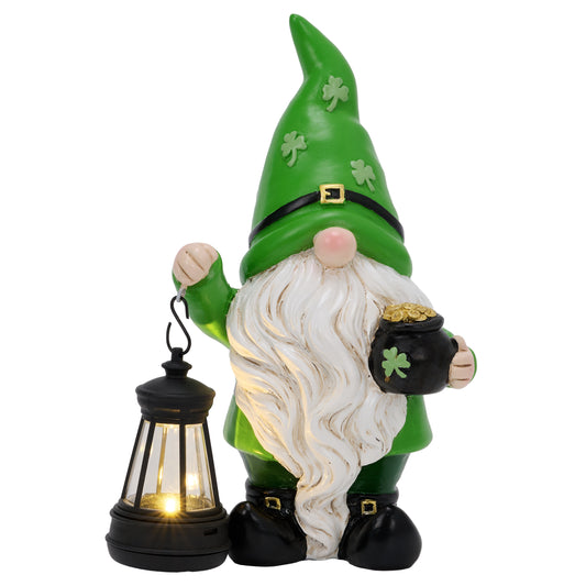 TERESA'S COLLECTIONS St Patricks Decorations for Outdoor Decor, Resin Garden Gnome Holding Lantern with Solar Lights for Porch,Shamrock Leprechaun Figurine for Outside, Irish Gifts for Home,10"